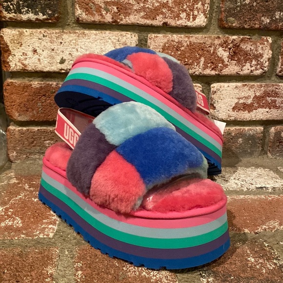 NWOT UGG Pastel Disco Checkered Slide Rainbow Blue Platforms - Picture 1 of 6